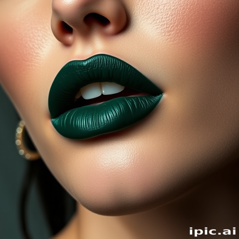 Dark forest green lips with a matte finish, showcasing a daring and unconventional color choice, perfect for a high-fashion editorial spread