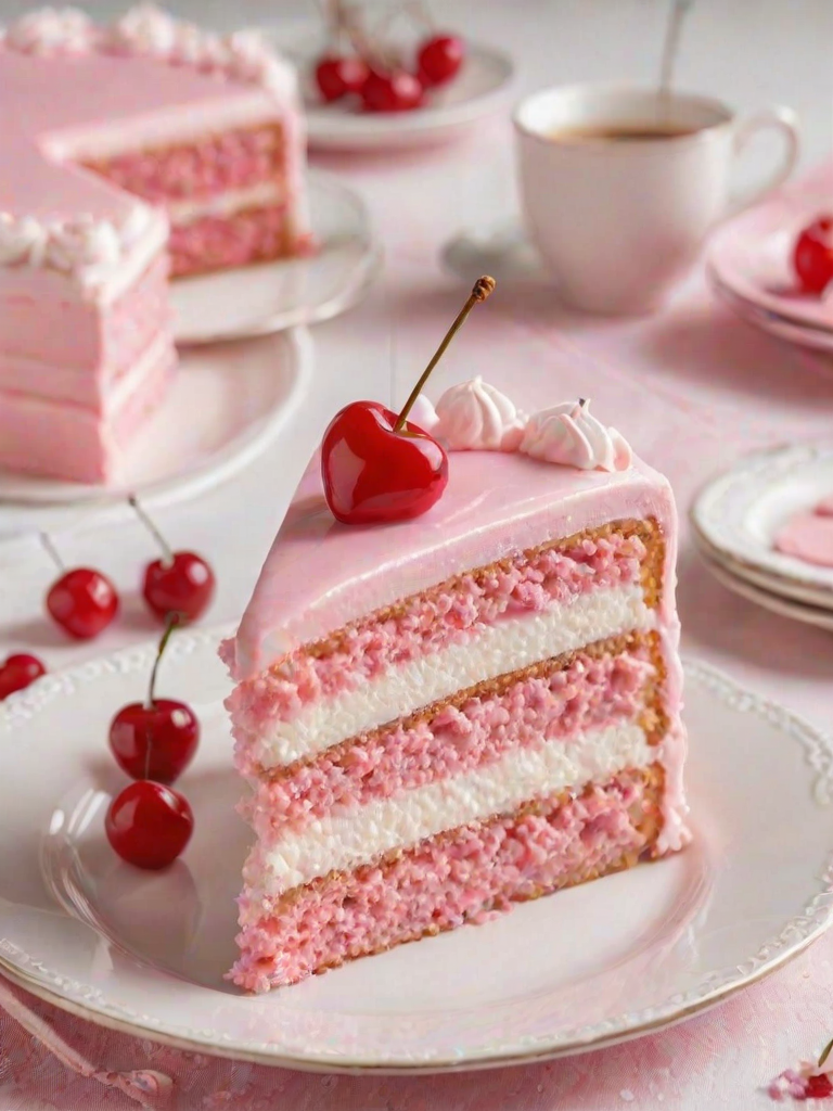 Create an image of a slice of pink cake with layers of white frosting, topped with a cherry, served on a white plate. Include heart-shaped cookies in the background, emphasizing a romantic or festive theme. The setting should be bright and cheerful, with a clean, elegant presentation.