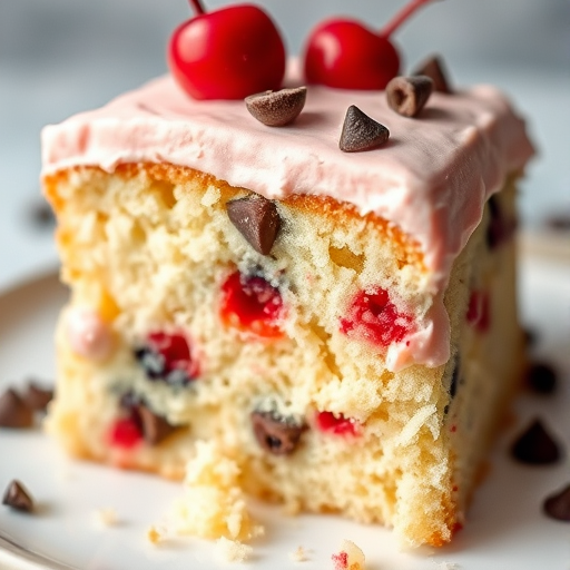 A close-up shot of a slice of cake with a light pink frosting and mixed with pieces of cherry and chocolate chips. The cake has a fluffy texture and looks moist, with some of it missing to show the soft interior. The background is softly blurred to emphasize the cake.