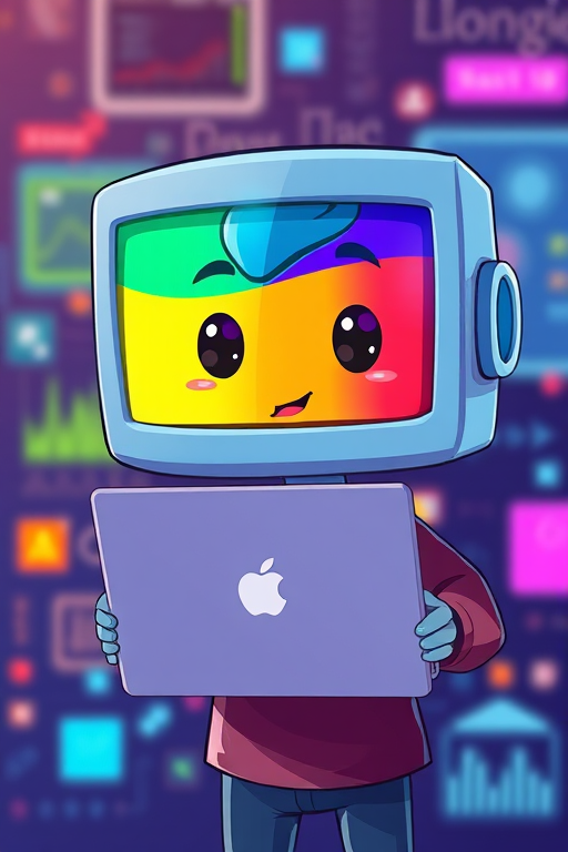 Create a digital art illustration of a cartoon character with a computer screen for a face, holding a laptop with colorful windows open, background with abstract technology elements, shot with a DSLR camera at f/2.8, ISO 100, 50mm lens, soft focus for a vibrant and clean image.