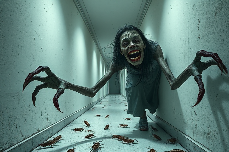 a crooked woman with long arms and a creepy smile is crawling along a long white corridor and you can also see cockroaches in it there is a creepy atmosphere creepy art style