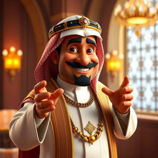 Create a 3D rendering of a wealthy Arab male sheikh from Dubai, inspired by the Disney animation style. The sheikh must have a smile and a playful but wise character. Place your character in an atmosphere of wealth and luxury. The image must be in high resolution format. Dynamic pose above the waist, gesturing with hands (Pixar Art style)++ highly detailed digital painting, art stations, concept art, soft focus, hard focus, illustrations. cinematic, visual effects, HDR, Unreal Engine 5, ray tracing, soft light, 8k, high detail, sparkling backlighting, luxury gem, game art, 3d, cartoon, colorful, magical, mysterious