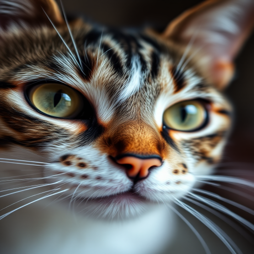 Close-up of a cat's face with sharp focus on the eyes, shallow depth of field, 85mm lens, aperture f/1.8, ISO 200, natural light, macro photography style, DSLR camera.