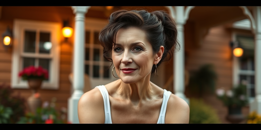 A photo of Glenn Close with a background of a cozy porch. She has dark hair pulled back in an updo, with tendrils framing her face. She wears a white tank top and sits on the porch. The porch is part of a well-lit home with a warm, earthy tone and colorful flowers and foliage. The overall scene has a warm, welcoming, and comfortable ambiance.