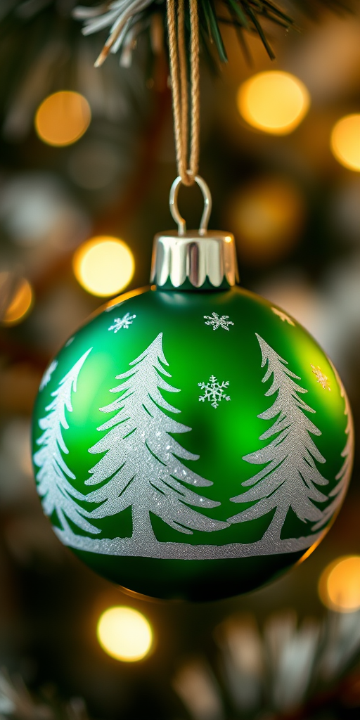 Create a high-resolution image of a green Christmas ornament with white tree patterns, using a DSLR camera, 50mm lens, f/2.8 aperture, 1/100s shutter speed, and a soft focus background to enhance clarity.
