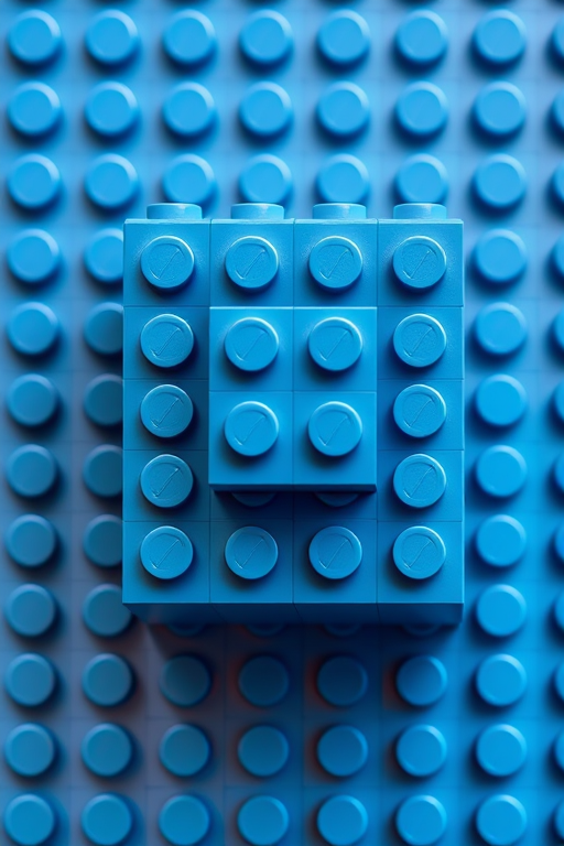 Create a high-resolution 3D rendering of a rectangular Lego block structure with varying shades of blue, shot with a Canon EOS R5 at f/8, 1/125s, ISO 100 from a top-down perspective using a macro lens for enhanced detail and clarity.