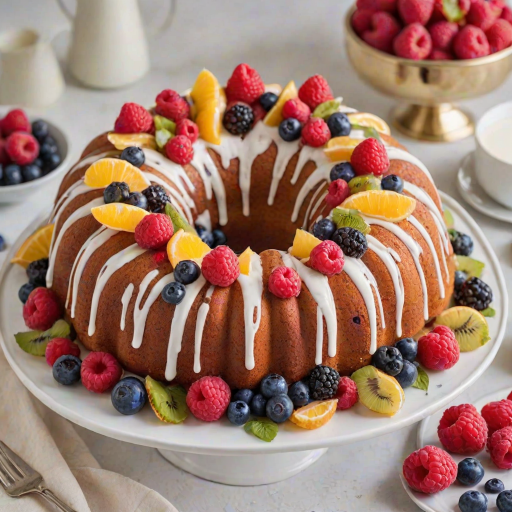 Create an image of a beautifully decorated bundt cake with a variety of fresh fruits on top, including raspberries, blueberries, and slices of citrus. The cake should have a light, fluffy texture and be adorned with elegant swirls of cream. The setting is bright and inviting, with a simple white plate and a soft background.