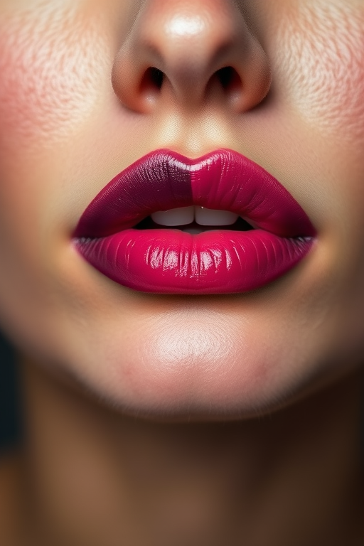 Dramatic ombre woman lips transitioning from dark plum to light pink, creating an eye-catching gradient effect