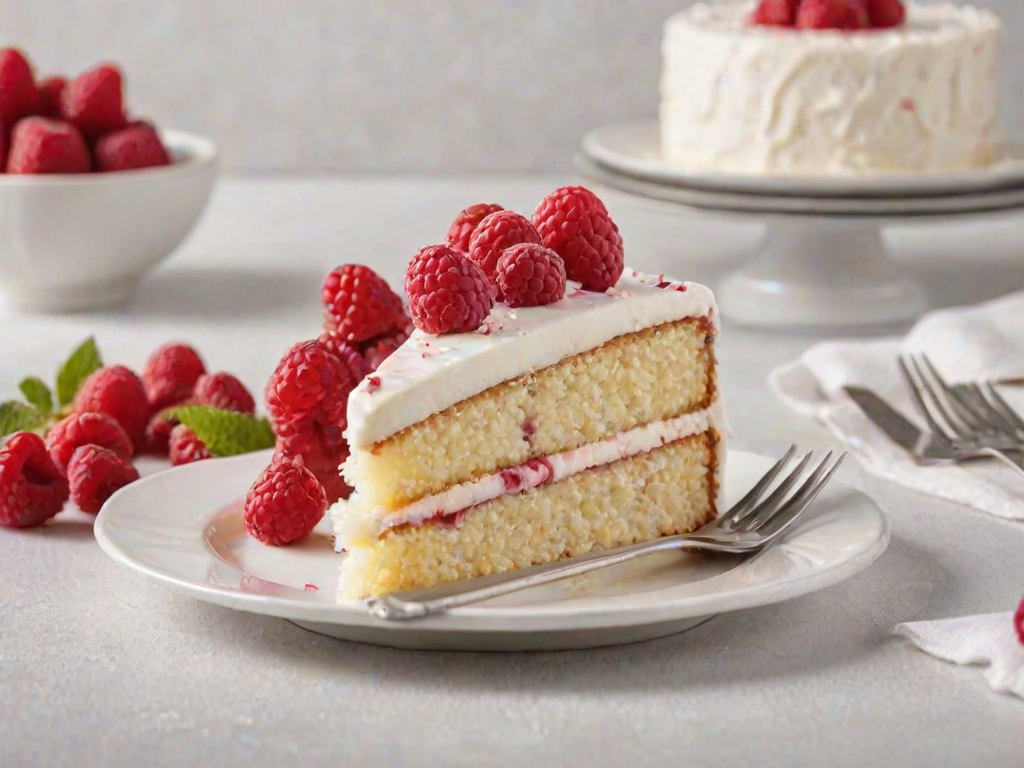 Create an image of a slice of cake on a white plate. The cake should have multiple layers with a light sponge texture, filled with raspberry jam and frosted with a smooth white icing. Include a fork beside the plate and some fresh raspberries in the background. The setting should be bright and inviting.