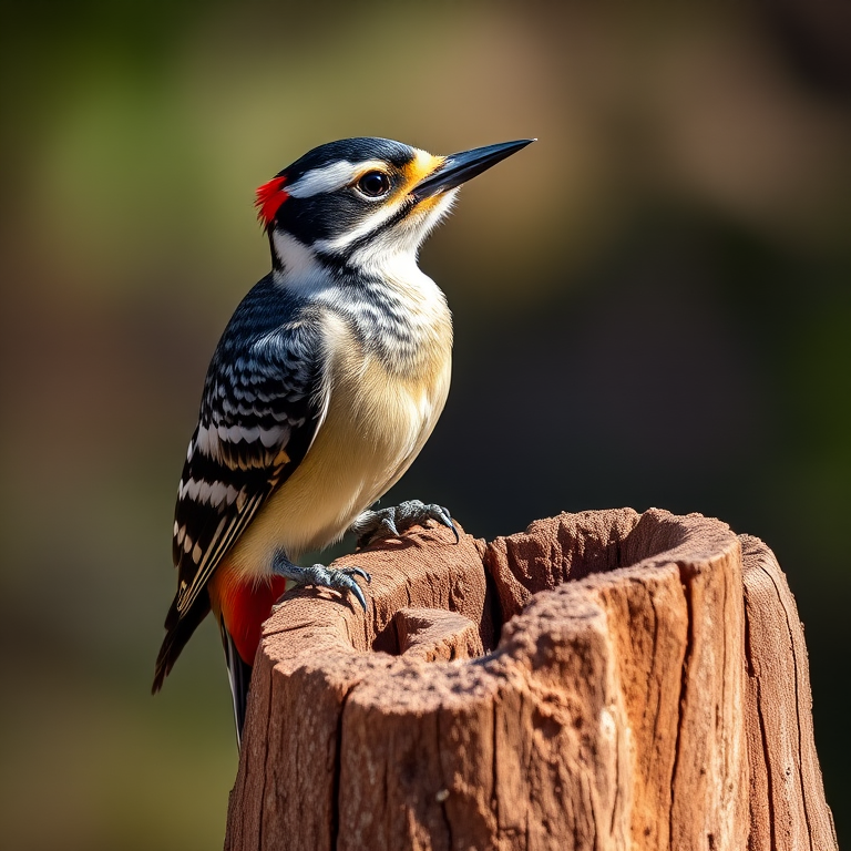Capture a close-up of a woodpecker perched on a weathered stump, with a shallow depth of field, using a Canon EOS 5D Mark IV with a 70-200mm f/2.8 lens, aperture set to f/2.8, ISO 400, shutter speed 1/500s, and natural lighting to enhance the details in its feathers against a blurred background.