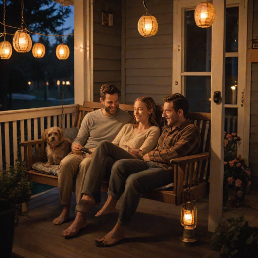 Warmly lit photo of a couple sitting on a porch swing at dusk, soft golden light from hanging lanterns casting warm shadows, with a dog curled up at their feet.