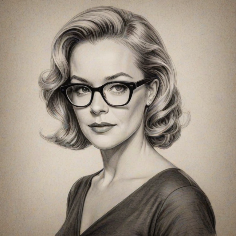 Graceful Rachael Harris, pencil sketch, portrait of Ravishing woman 1951s in glasses, hair style beatnik, outline, clear lines, fine lines, 8k