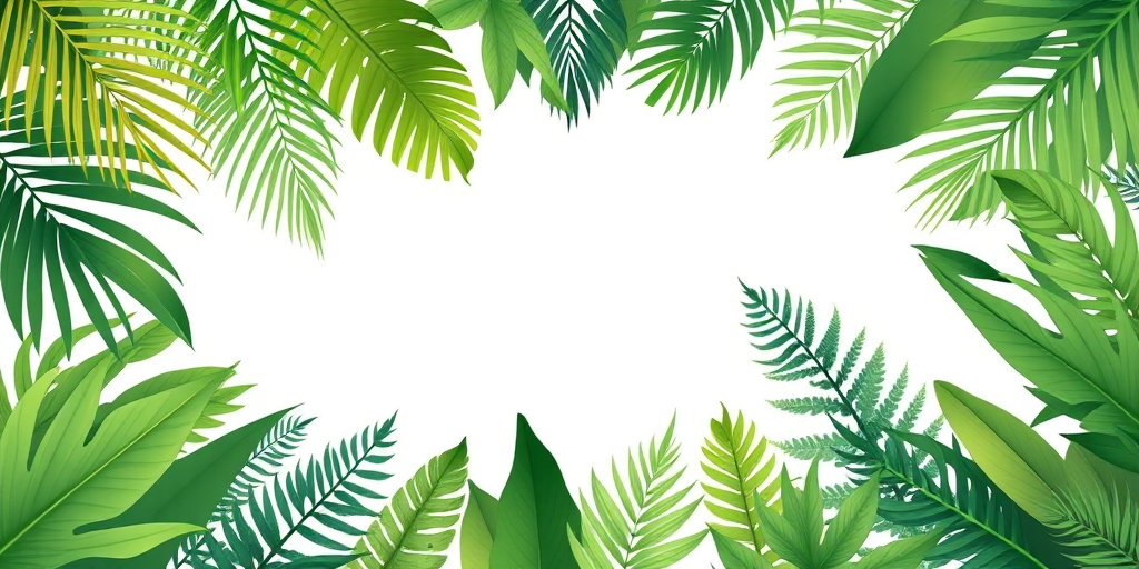 Create an illustration of a tropical leaf frame with various green palm leaves and ferns around a blank center, using high contrast and vibrant colors, in a flat design style, with a crisp focus and a 35mm lens setting, f/8 aperture, soft natural lighting, and minimalistic background.