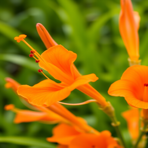 Close-up of vibrant orange trumpet flowers with lush green background, macro photography, aperture f/2.8, shutter speed 1/250s, ISO 100, taken with a DSLR camera, natural lighting, shallow depth of field to enhance flower details.
