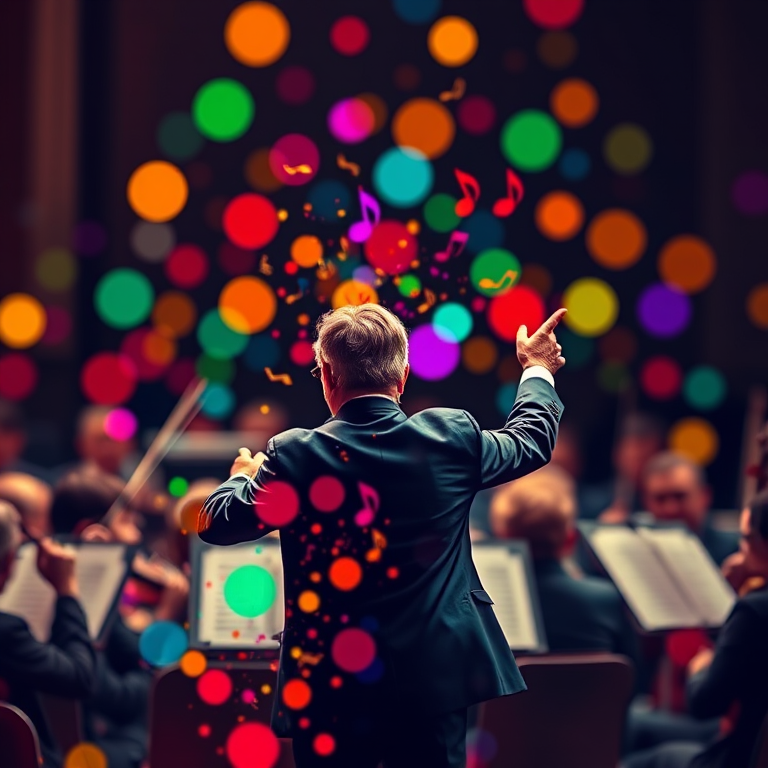 Create an abstract representation of a conductor leading an orchestra, featuring vibrant musical notes and colorful circles in the background, shot with a Nikon D850 at f/8, ISO 100, 24mm lens, utilizing a vibrant color style and high contrast for enhanced image quality.