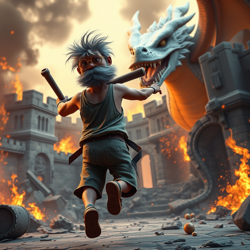 Cartoon 3D High-Resolution,dynamic battle scene using Unreal Engine 5 and Octane Render. The scene features back of an elderly, thai man with a beard,messy hair and round golden-rimmed glasses. He is wearing a tattered tank top with soot marks, shorts, and sandals. sweating. he wields a baseball bat. He jump to fight with a white fire-breathing Europe dragon amidst a partially destroyed stone castle. Include intense flames, smoke, and debris to enhance the dramatic effect.
