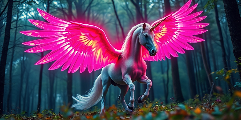 majestic winged unicorn in a mystical forest, vibrant colors with glowing wings, 85mm lens, f/2.8 aperture, ISO 100, low-angle view, soft focus background, high dynamic range imaging, digital art style, DSLR camera