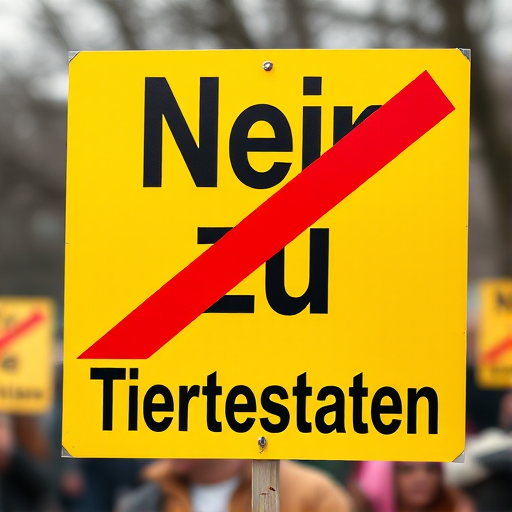 Generate a high-resolution image of a yellow protest sign with bold black text saying "Nein zu" above a red diagonal line crossing out "Tierversuchen" at the bottom, captured with a DSLR camera using a 50mm lens, f/1.8 aperture, 1/200 sec shutter speed, and background blurred for emphasis.