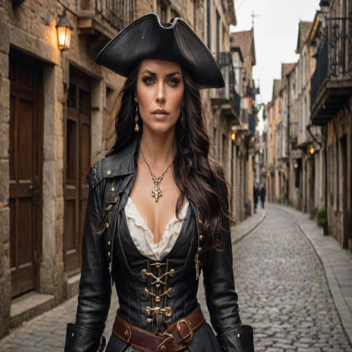 Create a portrait of a fierce female pirate. She wears a leather tricorn hat adorned with a skull and crossbones emblem, and her long, dark hair flows around her face. Her outfit consists of a richly detailed leather jacket, a corset, and multiple layers of belts and accessories, giving her a formidable and stylish appearance. She stands confidently in a dimly lit, historic port town, with a backdrop of weathered buildings and cobblestone streets, capturing the adventurous spirit of a pirate.