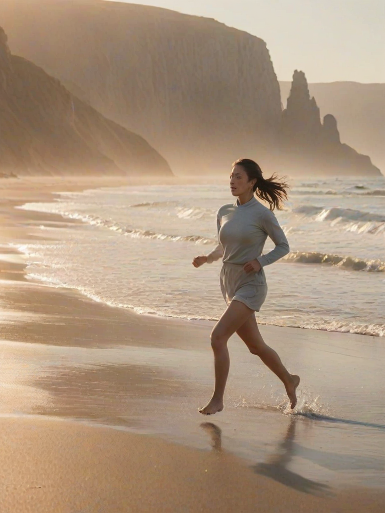 Blurry action shot of a woman running along a sunlit beach at dawn, soft waves crashing against the shore, with distant cliffs barely visible under the soft pastel sky.