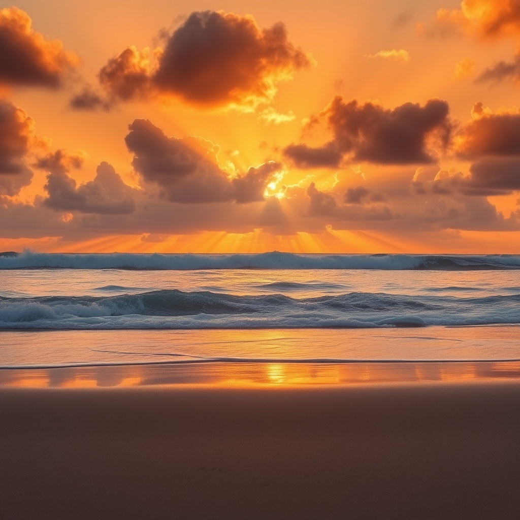 capture a dramatic sunset over the ocean with golden rays peeking through clouds, smooth waves reflecting light, foreground of wet sand, settings: ISO 100, f/11, shutter speed 1/125s, view: wide-angle, style: landscape photography, camera type: DSLR