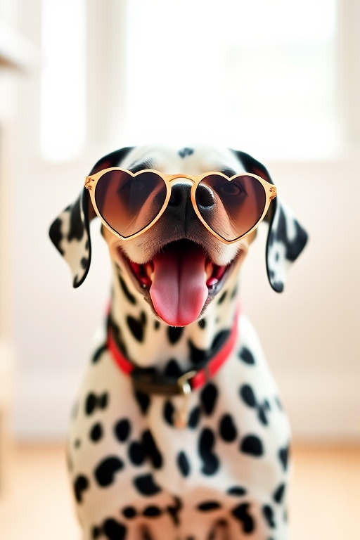 A stylish Dalmatian dog wearing heart-shaped sunglasses sitting indoors with a light background and a playful expression