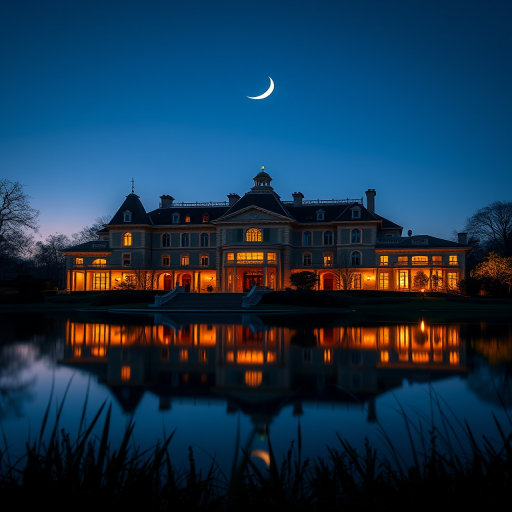 Generate a high-resolution twilight scene of a grand, illuminated mansion by a serene pond under a crescent moon, with rich detail on the architecture and reflections, captured with a Canon EOS R5, 35mm lens, f/1.8 aperture, ISO 100, 15-second exposure, and a slight tilt-shift effect to enhance depth.
