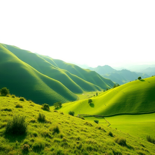 Generate a vibrant low-poly landscape featuring various shades of green with a gradient from dark to light, captured with a DSLR camera at f/8, ISO 200, 50mm lens, in a wide-angle view with high dynamic range.