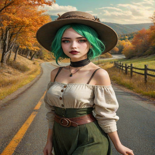 digital art fantasy depicting a strange girl with green hair, long eyelashes, brown lipstick and a tall hat walking along a winding road on an autumn afternoon, an Vaquita smiles as she passes