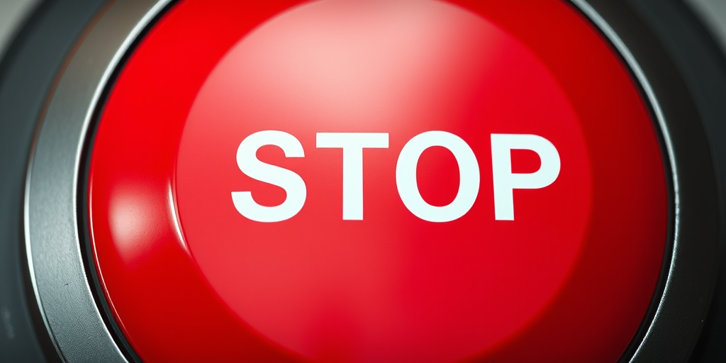 Create a high-resolution image of a large red stop button with bold white text, using a macro lens at f/2.8, 1/60 second shutter speed, ISO 100, top-down view, with studio lighting to enhance color saturation and contrast.