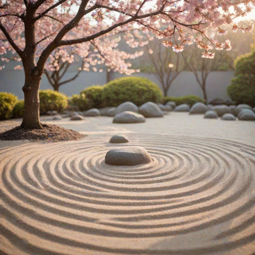 Soft-focus image of a tranquil zen garden at dawn, with raked sand patterns, carefully placed stones, and soft pink cherry blossoms framing the scene in the background.