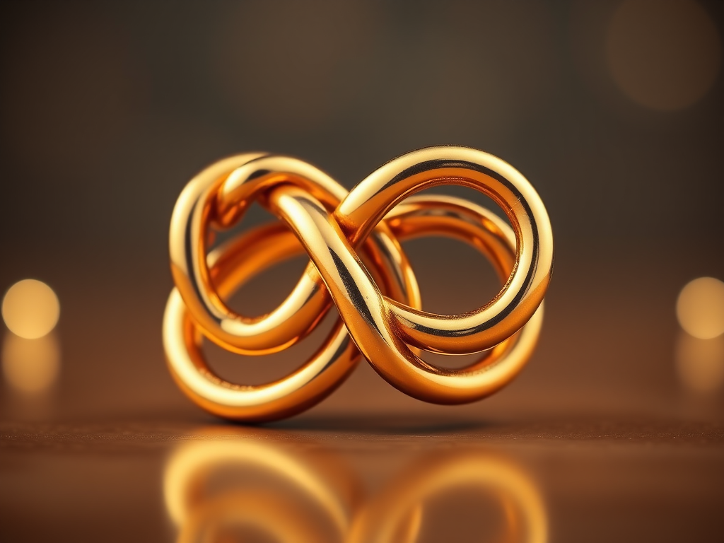 Create a high-resolution image of a complex golden infinity knot with intricate blue accents, illuminated by soft backlighting to enhance reflections and details, captured with a 50mm lens at f/1.8, ISO 100, using a DSLR camera in macro view for sharp focus and a dreamy bokeh background.
