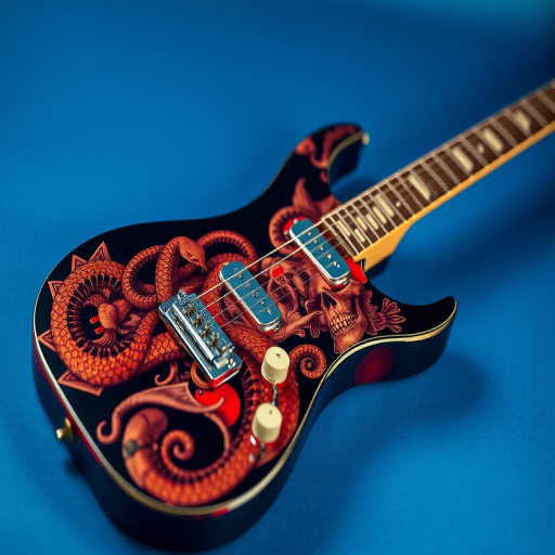 regenerate an electric guitar with intricate snake and skull designs on a blue background, using a 50mm lens, f/2.8 aperture, 1/125 sec shutter speed, ISO 100, shot from a slightly elevated angle, in vibrant colors, using a DSLR camera with a shallow depth of field for enhanced focus on the guitar