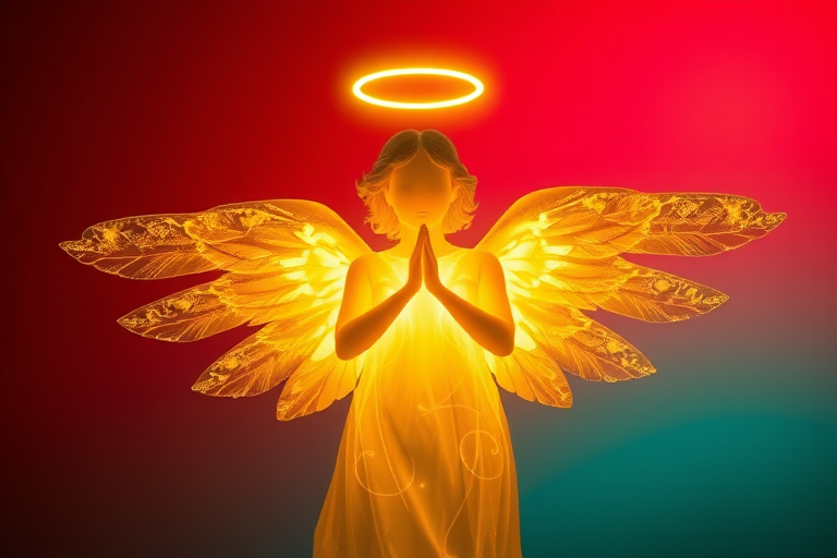 create a glowing angel figure with intricate wings against a gradient background of red to teal, soft focus, using a DSLR camera, aperture f/2.8, ISO 100, shutter speed 1/125s, shot in portrait view with a high dynamic range style for enhanced detail and clarity
