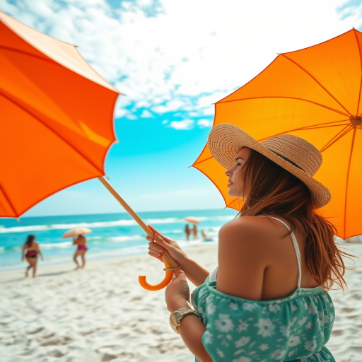 Create a vibrant beach scene featuring a woman holding an orange umbrella with other beachgoers in the background, using a Canon EOS R5 with an 85mm f/1.2 lens at ISO 100, aperture f/8, and a shutter speed of 1/500s, capturing a wide-angle view that emphasizes the bright sky and sandy beach in a painterly style.