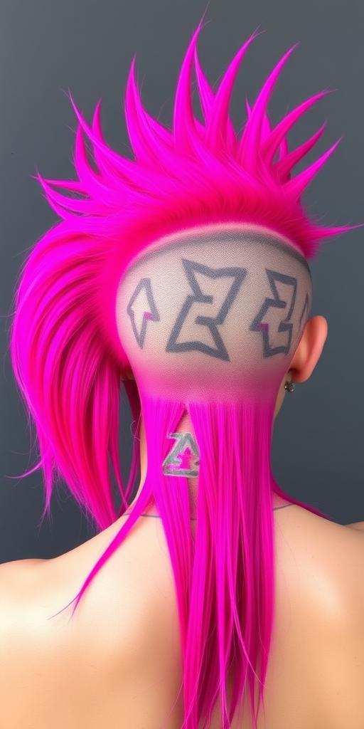 Vibrant magenta mohawk with shaved sides and intricate geometric patterns, transitioning to long, flowing strands at the back in the daring "Neon Warrior" style
