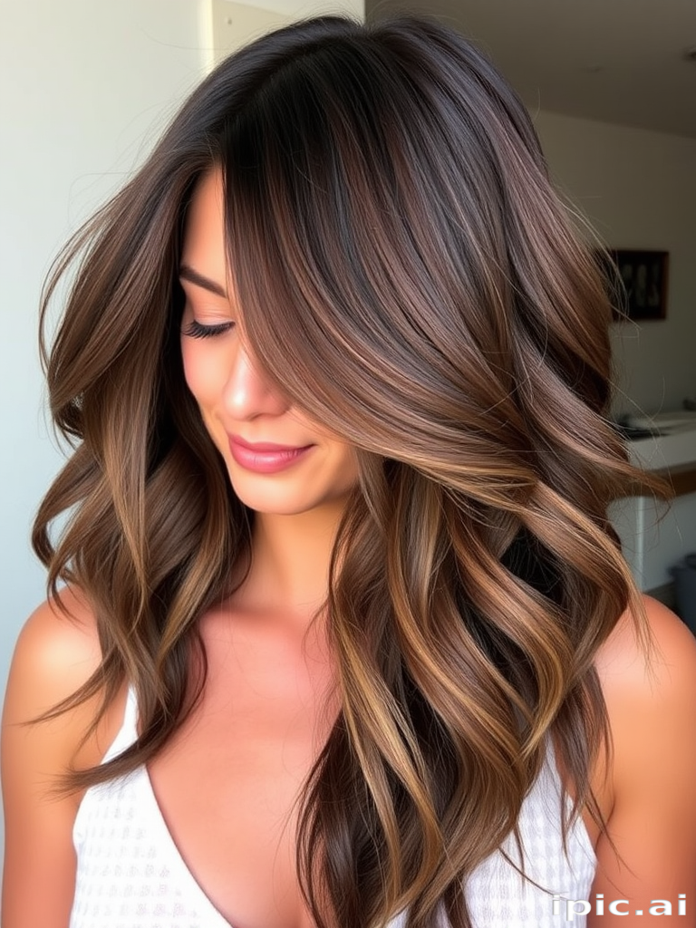 Rich chocolate brown hair styled in loose, beachy waves with subtle caramel balayage highlights, exuding effortless elegance in the "Sun-Kissed Mocha" look