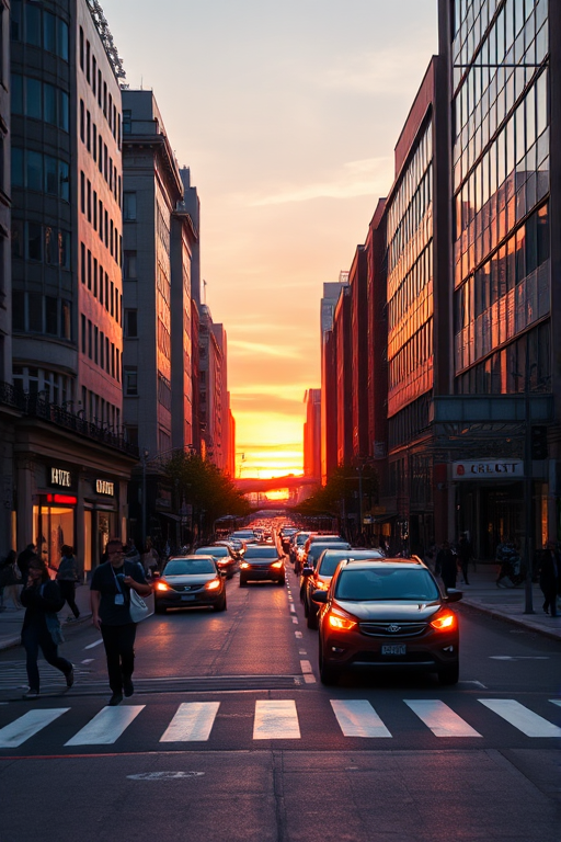 Bustling city street at sunset, with pedestrians crossing the road, cars passing by, and storefronts lit up, creating a vibrant atmosphere as day turns to night.