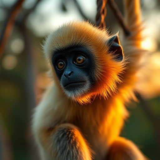 Close-up of a gibbon swinging on a rope, captured in natural light at dusk, with a shallow depth of field, aperture f/4, ISO 400, shutter speed 1/500s, using a DSLR camera with a 70-200mm lens, focusing on vivid colors and sharp details.