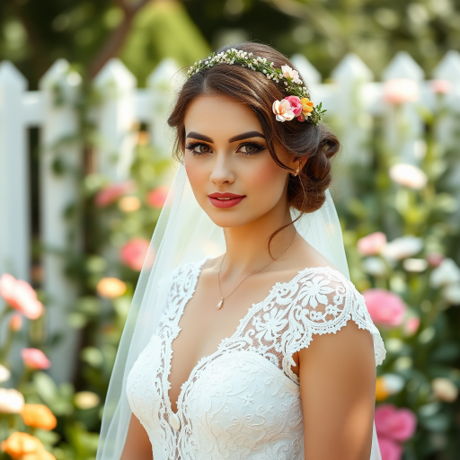 Garden scene, bridal model, delicate lace gown, floral headpiece, soft romantic focus, high-key lighting and an 85mm lens for soft, even tones that highlight the model’s face and bright outfit against a white or light background