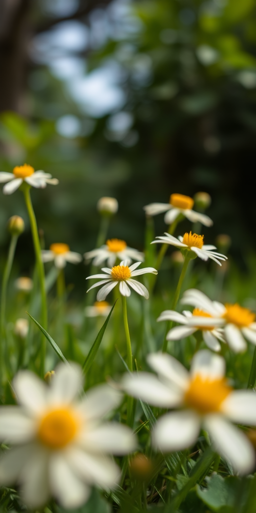 macro shot of white and yellow flowers in a lush green environment, f-stop 2.8, shutter speed 1/200, ISO 100, shot from a low angle with a shallow depth of field, using a DSLR camera with a 50mm lens