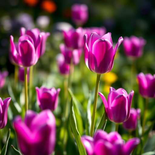 photograph of purple tulips in a garden with blurred background, captured with a Canon EOS 5D Mark IV at f/4, ISO 100, 1/200s, using a macro lens for detailed close-up, natural daylight for vibrant colors