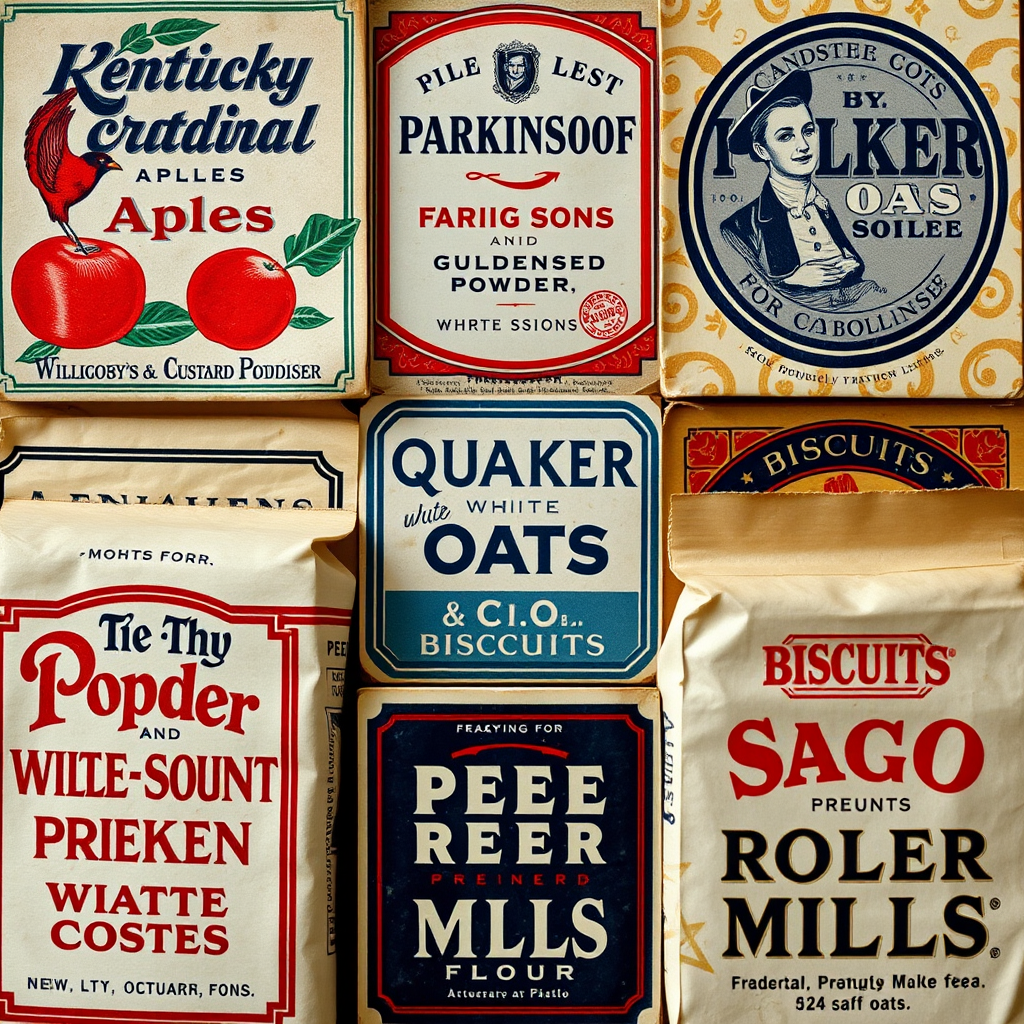 Create a high-resolution vintage collage of retro food product labels including a Kentucky Cardinal apples label, Parkinson's delicious custard powder, Willoughby & Sons tea fair isle, Quaker white oats, Peek Frean & Co biscuits, and Scio Roller Mills flour, using a DSLR camera with a 50mm lens, f/2.8 aperture, ISO 100, and natural lighting for enhanced detail and color vibrancy.