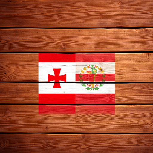 Create a vibrant and high-resolution image of a wooden background featuring the Georgian flag, captured with a DSLR camera, using a focal length of 50mm, aperture set at f/8, and ISO 100, in a flat lay view to enhance the texture of the wood grain and the bold colors of the flag.