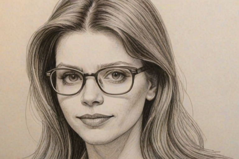 Attractive Amber Benson, pencil sketch, portrait of Comely woman 1980s in glasses, hair style beatnik, outline, clear lines, fine lines, 8k