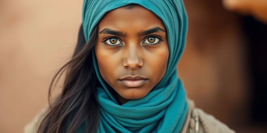 Create a portrait of a young Tuareg female with long, dark hair and captivating hazel eyes. She is wearing a cyan headscarf and a matching scarf draped gracefully around her neck. The background is softly blurred, focusing attention on her serene and natural expression. The overall color palette is muted and warm, enhancing the intimate and authentic feel of the portrait.