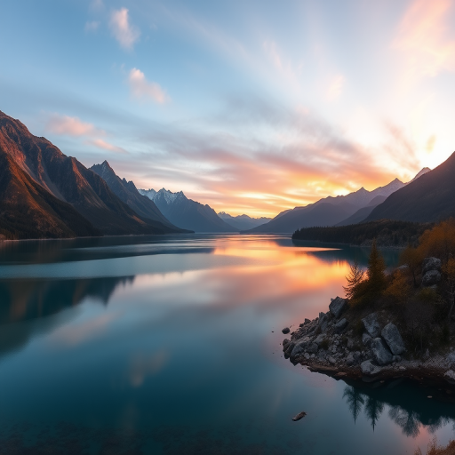 Create an image of a serene landscape featuring a calm lake surrounded by mountains at sunset, using a Canon EOS 5D Mark IV, ISO 100, f/11 aperture, 1/125 second shutter speed, wide-angle lens, and a panoramic view to capture the vibrant colors and reflections in the water for enhanced image quality.