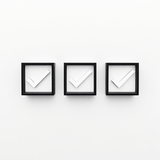 Create a high-resolution image of three checkboxes, two checked and one empty, with a minimalist black and white design, using a Canon EOS R5 camera, 50mm lens, f/1.8 aperture, 1/100 sec shutter speed, ISO 100, top-down view for clarity and sharpness.