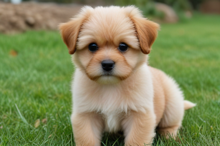Adorable Fluffy Puppy Sitting on Green Grass with Big Curious Eyes