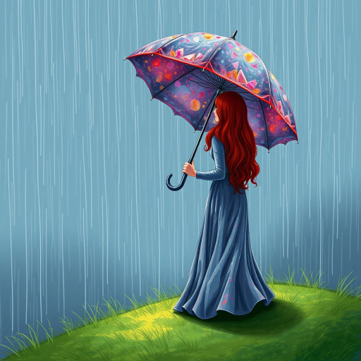 A surreal hand-drawn digital artwork depicting a mysterious red-haired woman standing on a grassy hill under the rain. She holds an umbrella crafted from iridescent zircon, its vibrant sheen contrasting with the soft, rainy atmosphere. The scene feels dreamlike, blending the natural elements of the hill and rain with the otherworldly shimmer of the umbrella.
